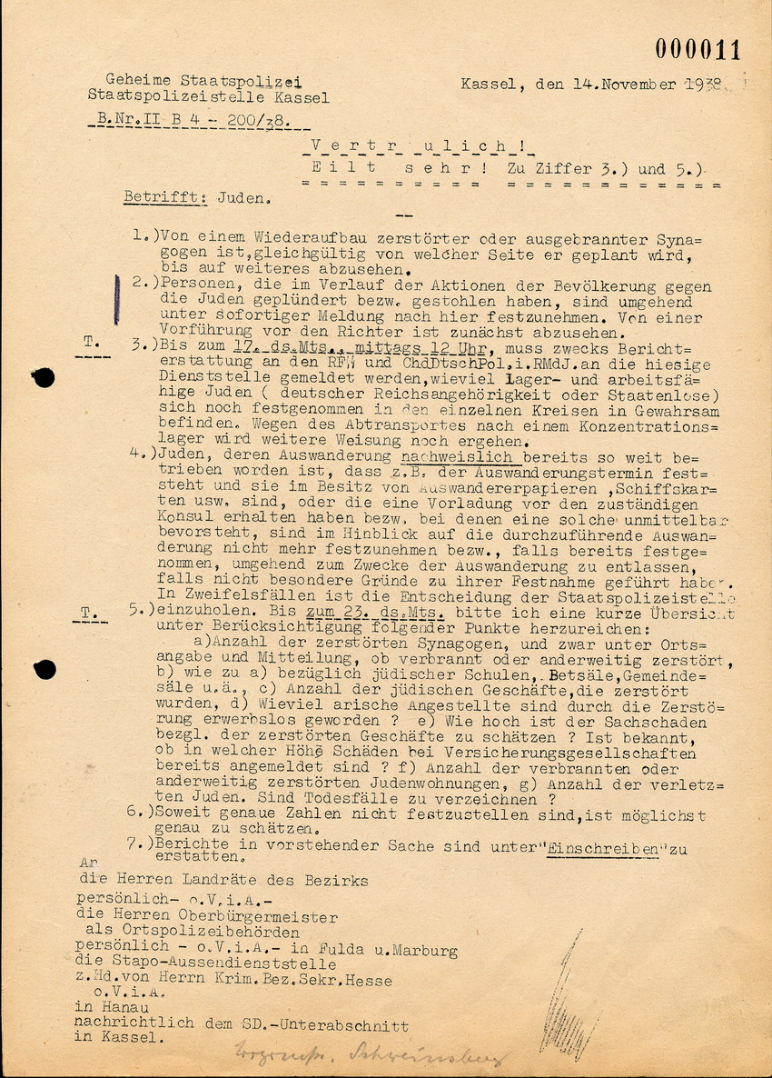 Brief der Gestapo, betreffend Wiederaufbau von zerstörten Synagogen, Plünderer vom 8 /9. November, Bericht über das Ausmaß der Progrome, 14. November 1938
