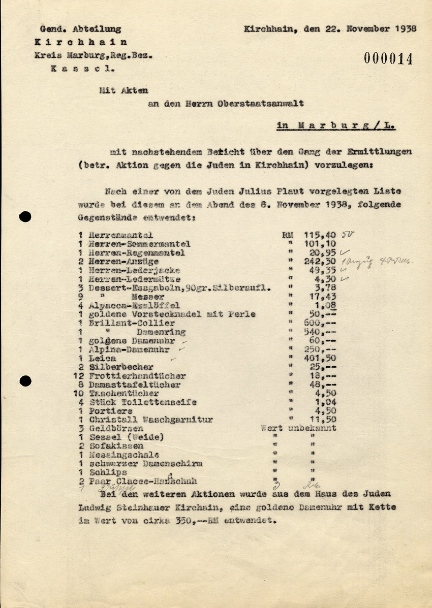 Bericht über die Ermittlungen im Fall der Plünderungen gegen die jüdische Bevölkerung in Kirchhain,  22. November 1938