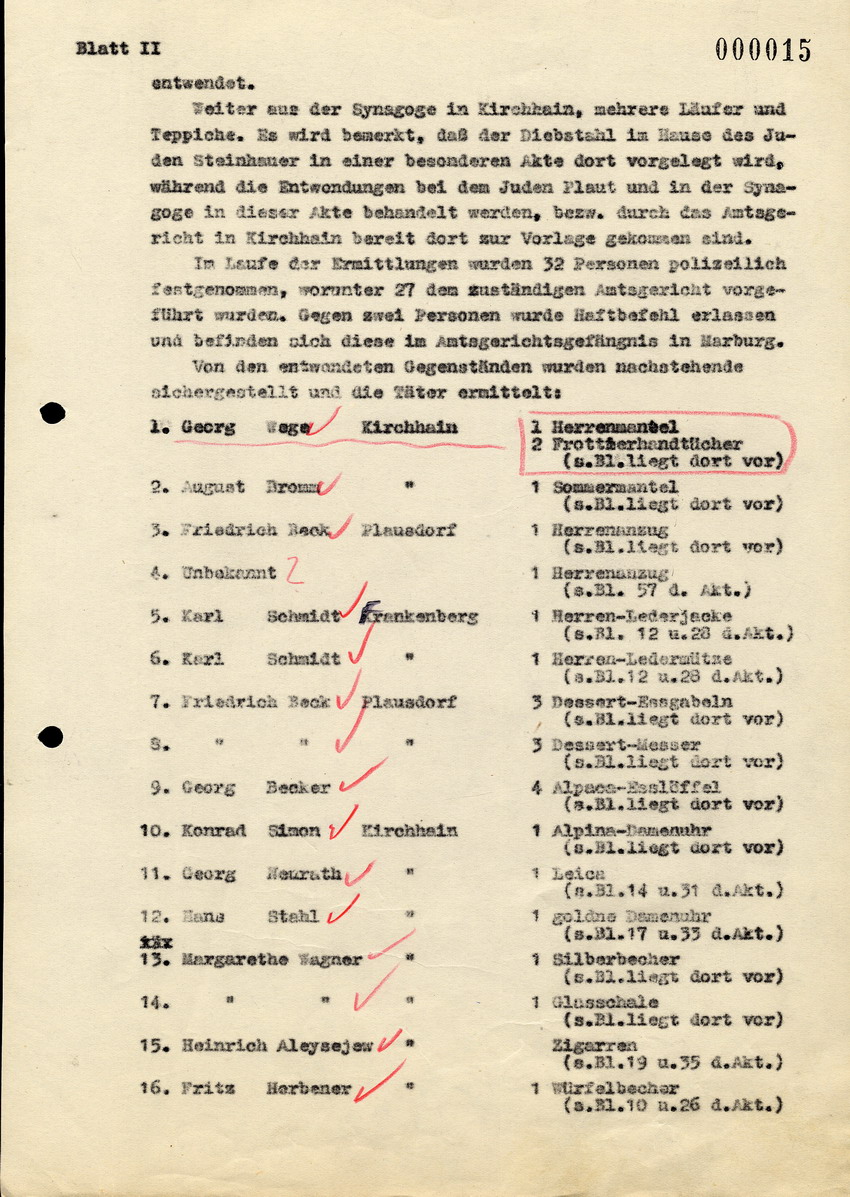 Bericht über die Ermittlungen im Fall der Plünderungen gegen die jüdische Bevölkerung in Kirchhain,  22. November 1938