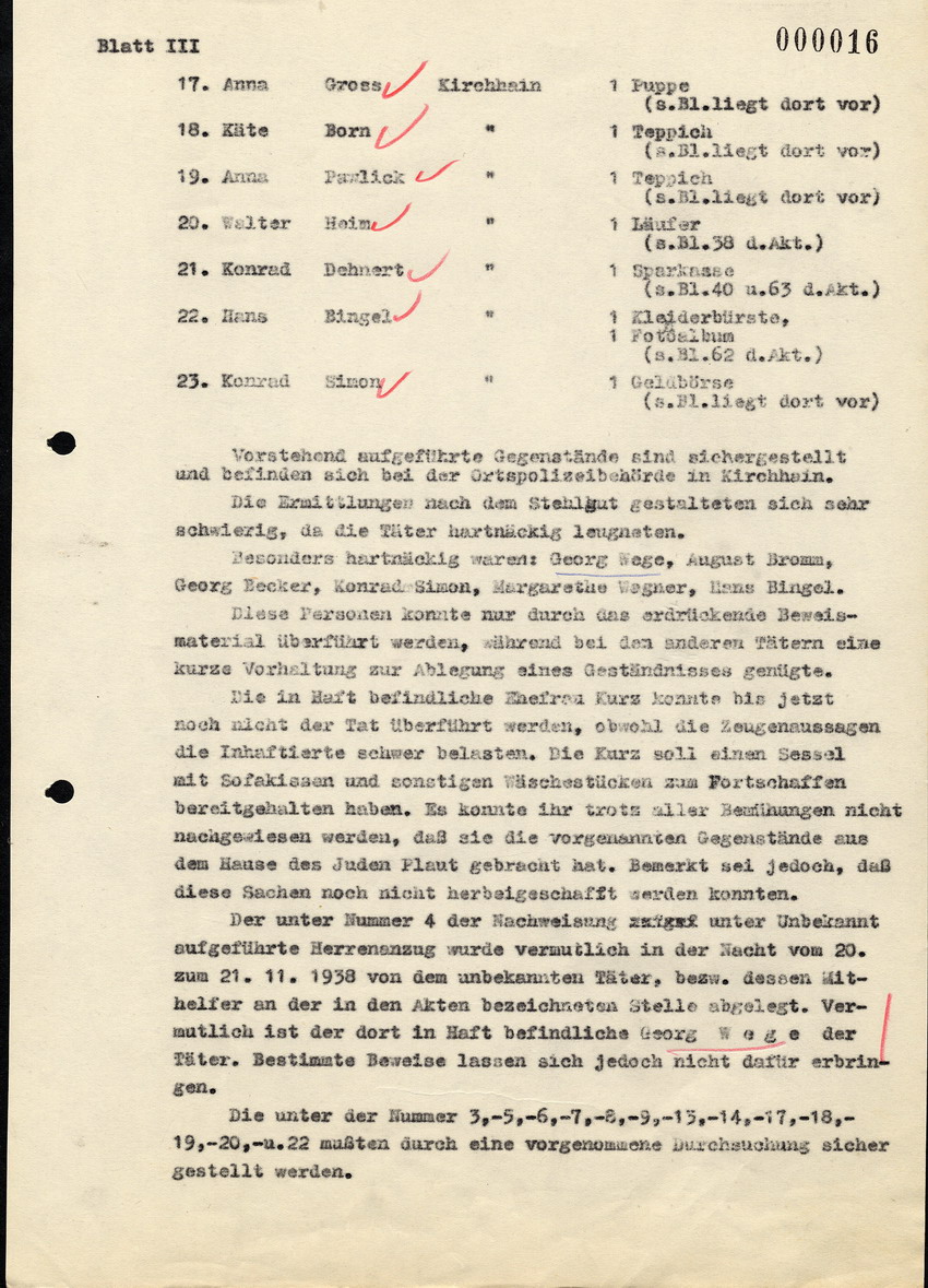 Bericht über die Ermittlungen im Fall der Plünderungen gegen die jüdische Bevölkerung in Kirchhain,  22. November 1938