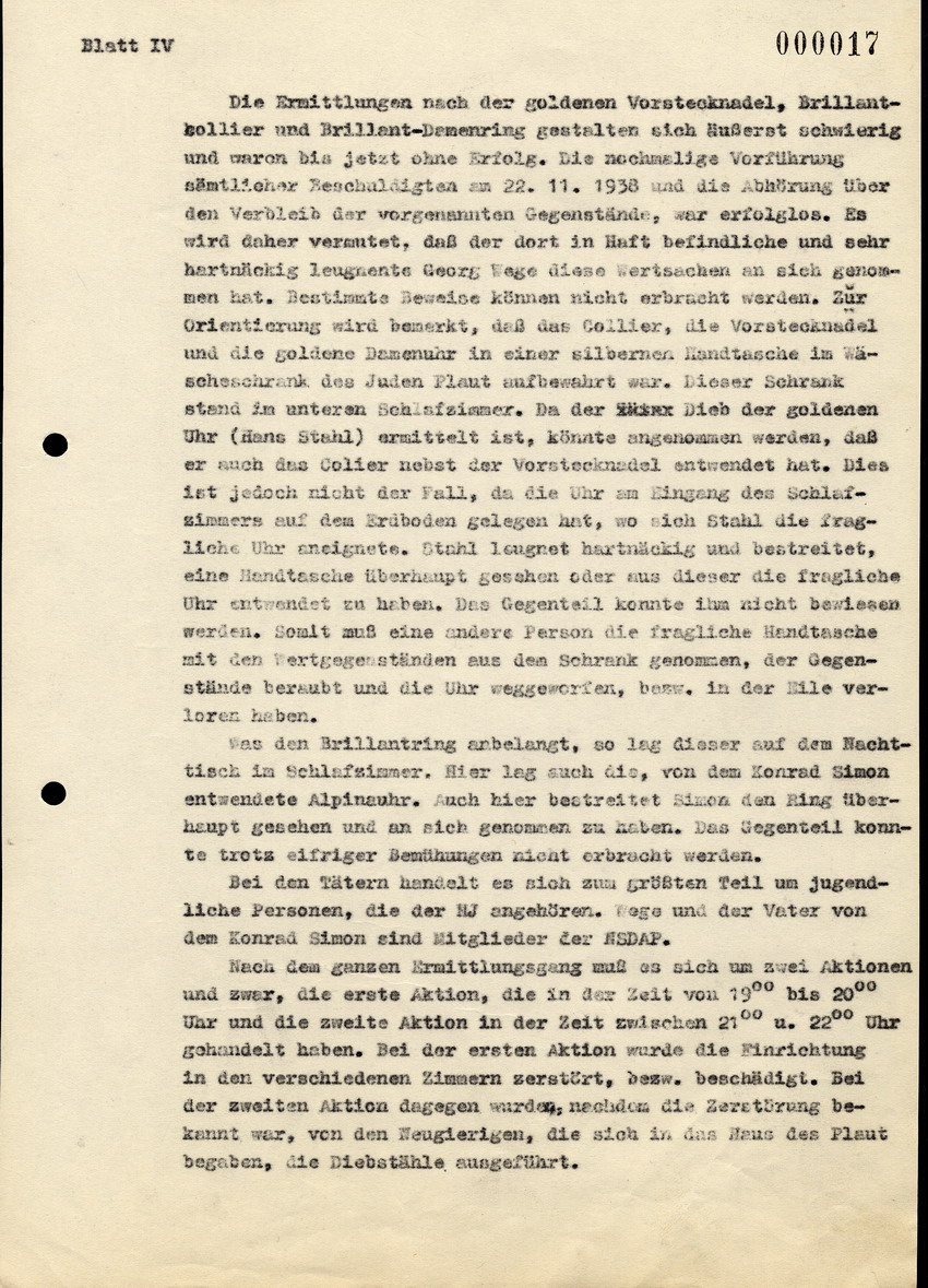 Bericht über die Ermittlungen im Fall der Plünderungen gegen die jüdische Bevölkerung in Kirchhain,  22. November 1938