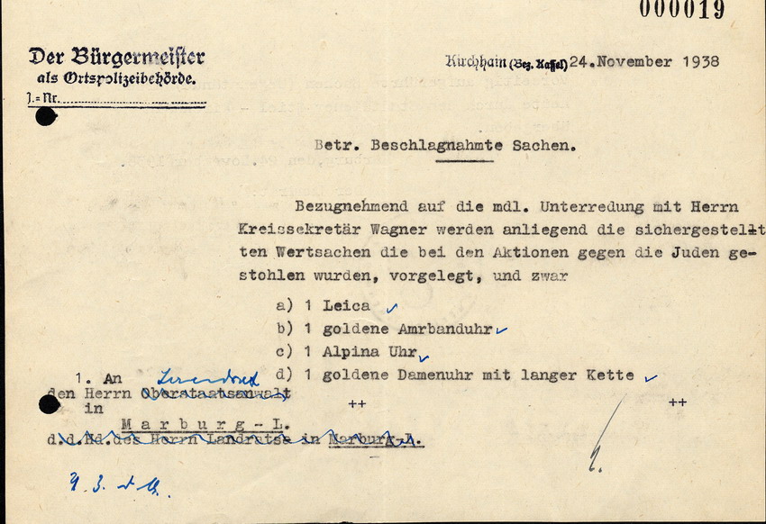 Brief des Bürgermeisters in Kirchhain an den Landrat in Marburg, betreffend die Beschlagnahmten Sachen aus den Plünderungen bei Juden in Kirchhain, 24 November 1938.