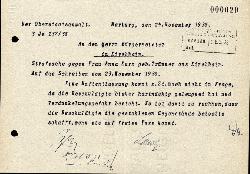 Der Oberstaatsanwalt schreibt an den Bürgermeister in Kirchhain, betreffend die Strafsache Anna Kurz geb. Trümmer aus Kirchhain. 24. November 1938.