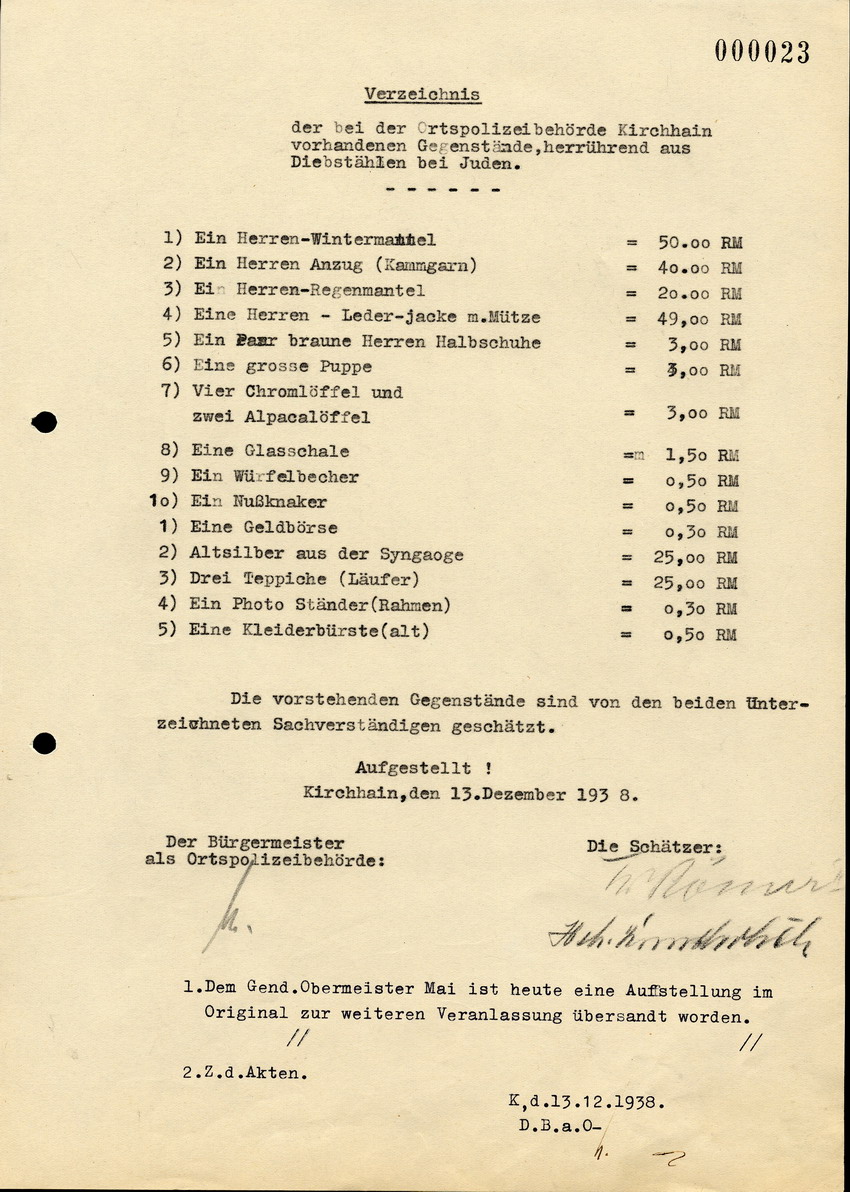 Verzeichnis der bei der Ortspolizeibehörde Kirchhain vorhandenen Gegenstände, herrührend aus den Diebstählen bei Juden, 13. Dezember 1938