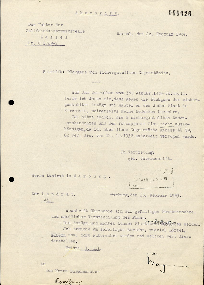 Der Leiter der Zollfahndungsstelle Kassel schreibt an den Landrat in Marburg, bzgl. der sichergestellten Gegenständen aus den Plünderungen vom 8. - 11. November , 20. Februar 1939