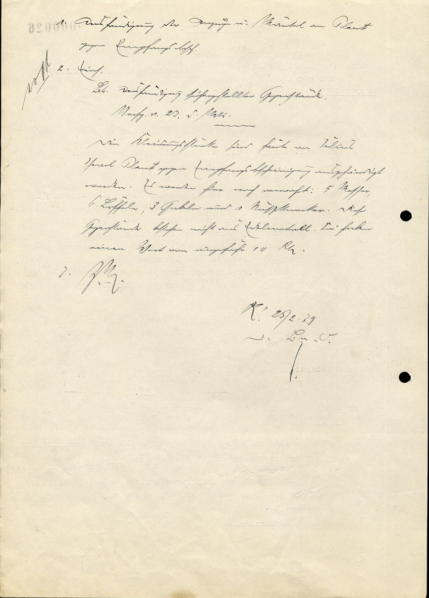 Der Leiter der Zollfahndungsstelle Kassel schreibt an den Landrat in Marburg, bzgl. der sichergestellten Gegenständen aus den Plünderungen vom 8. - 11. November , 20. Februar 1939