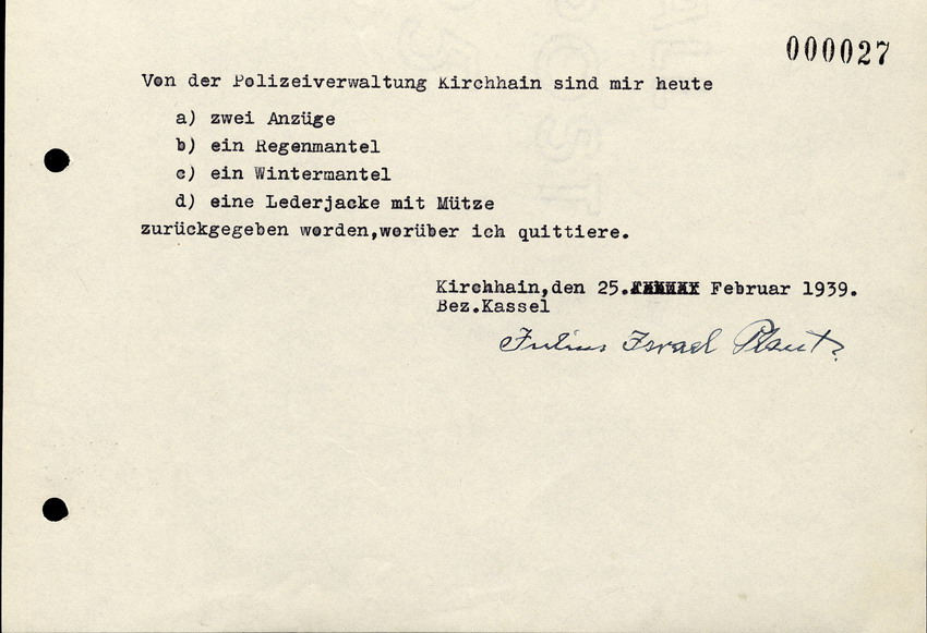 Bezugsschein für Julius Plaut, von der Ortspolizeibehöre Kirchhain, 25. Februar 1939