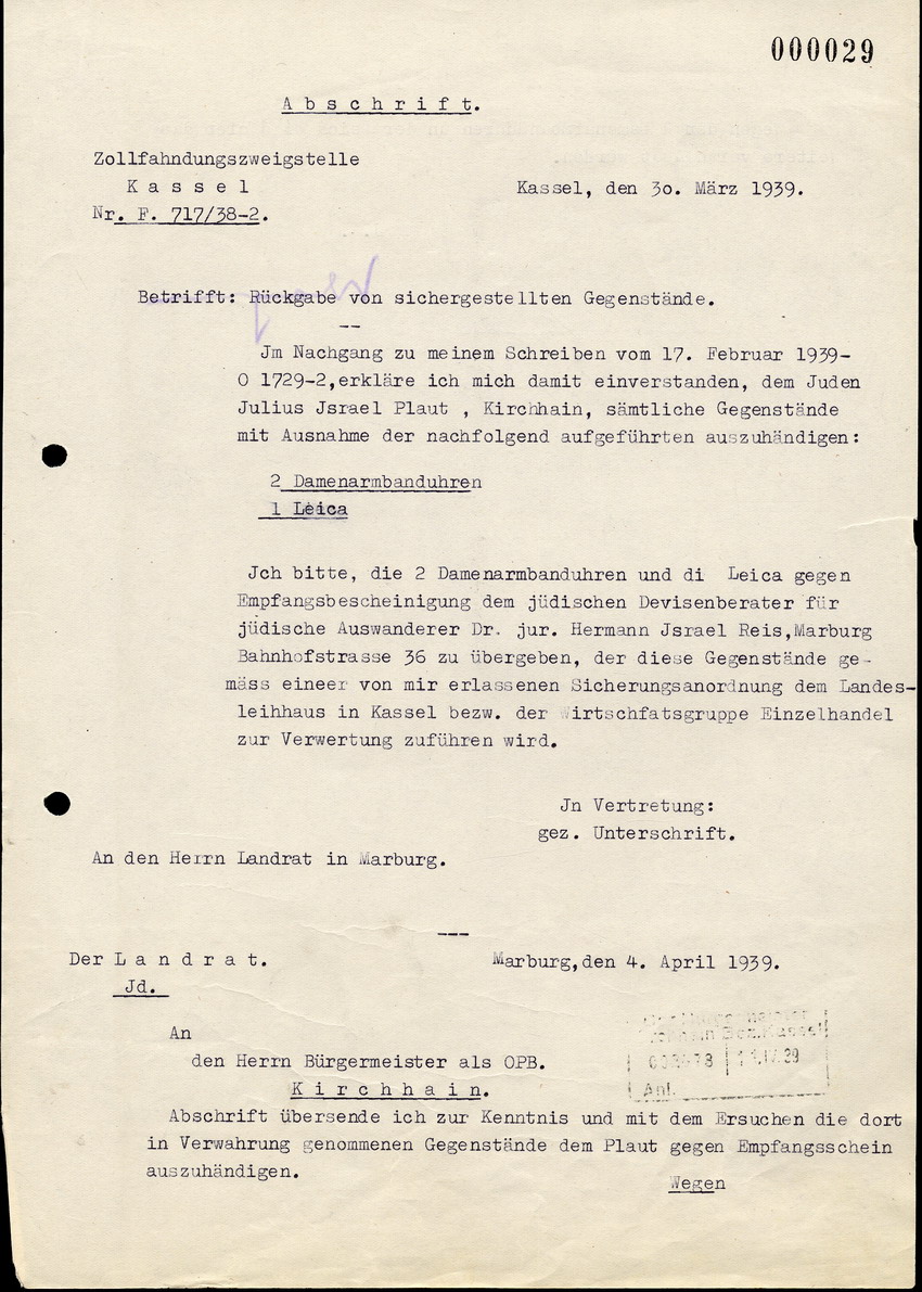 Die Zollfahndungszweigstelle Kassel schreibt an den Landrat in Marburg, bezüglich der Rückgabe von sichergestellten Gegenständen, 30 März 1939