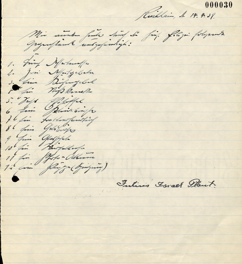 Liste des Julius Plaut über zurückerhaltene Gegenstände, 14. April 1939