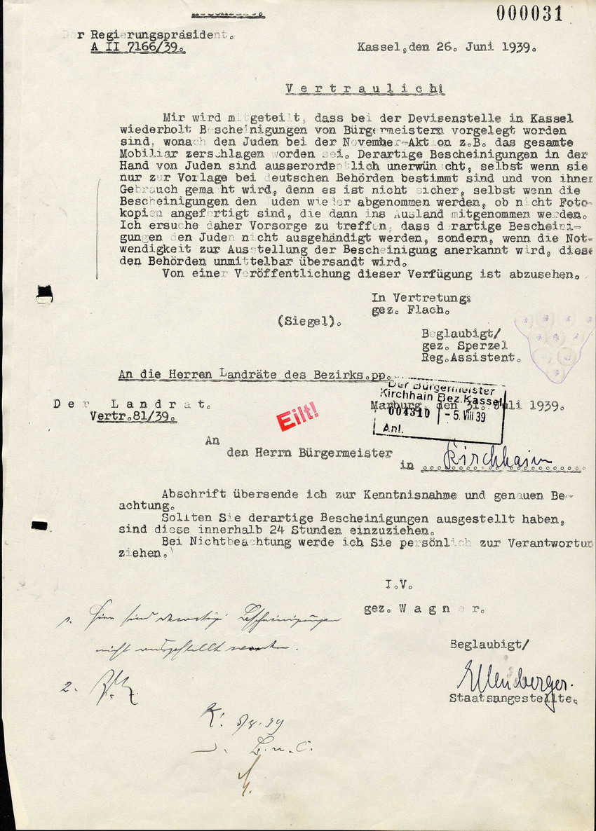 Brief des Regierungspräsidenten in Kassel an die Landräte im Bezirk Kassel, bezüglich der Ausstellung von Bescheinigungen an Juden