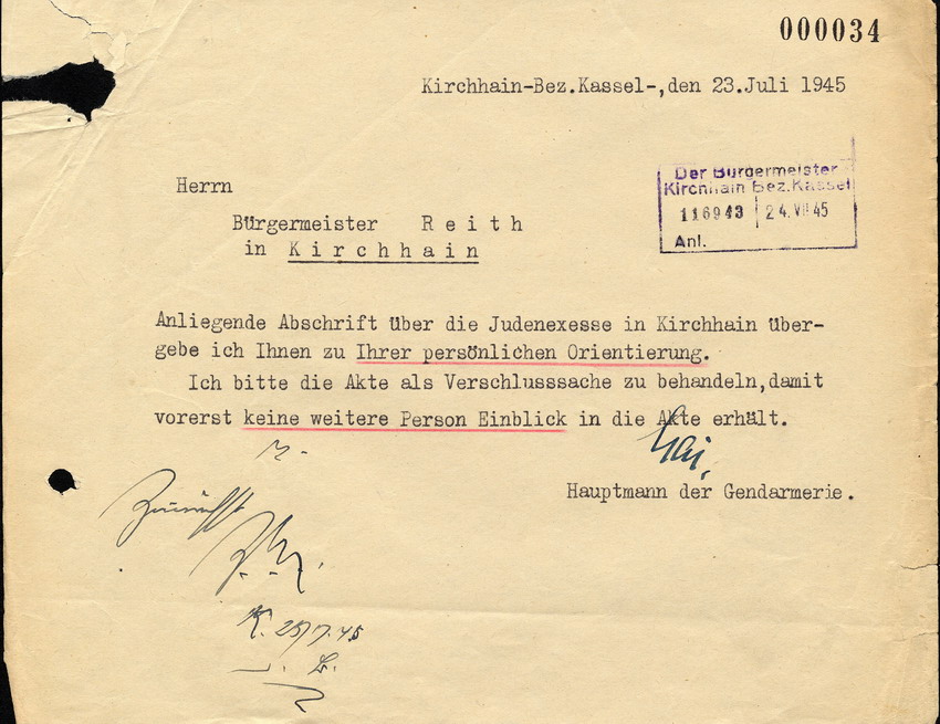 Brief des Hauptmann der Gendarmerie Mai an den Bürgermeister Reith in Kirchhain, betreffen die "Judenexesse in Kirchhain", 23. Juli 1945