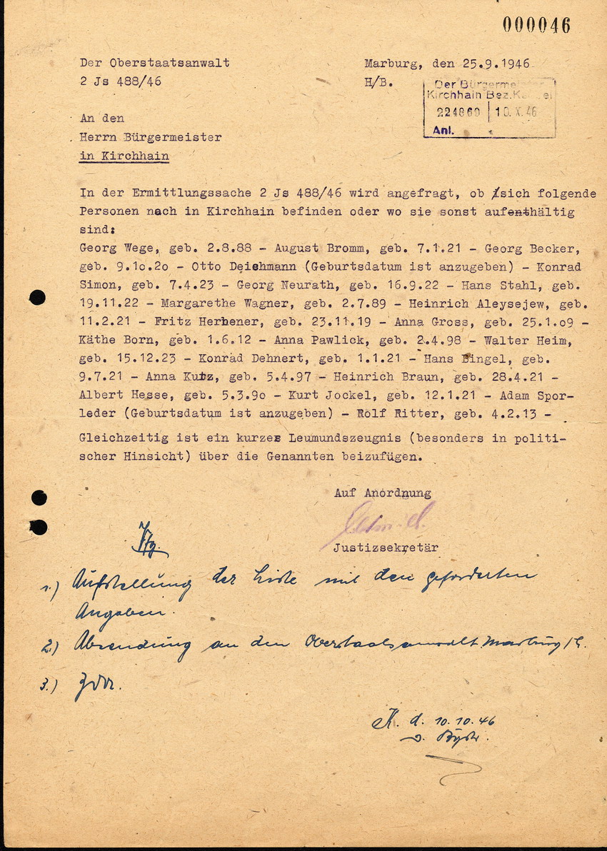 Der Oberstaatsanwalt schreibt an den Bürgermeister in Kirchhain, betreffend den Aufenthaltsorten von Personen, die an den Plünderungen im Jahre 1938 beteiligt waren, 25. September 1946