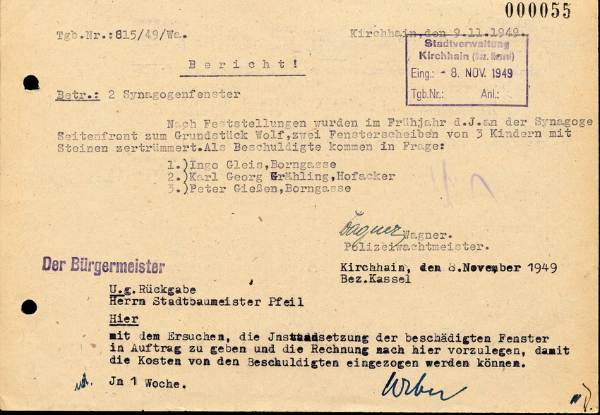Bericht über die Zerstörung von zwei Synagogenfenstern im Frühjahr des Jahres 1949, 9. November 1949.