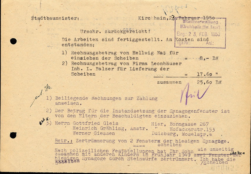 Bericht über die Zerstörung von zwei Synagogenfenstern im Frühjahr des Jahres 1949, 9. November 1949.