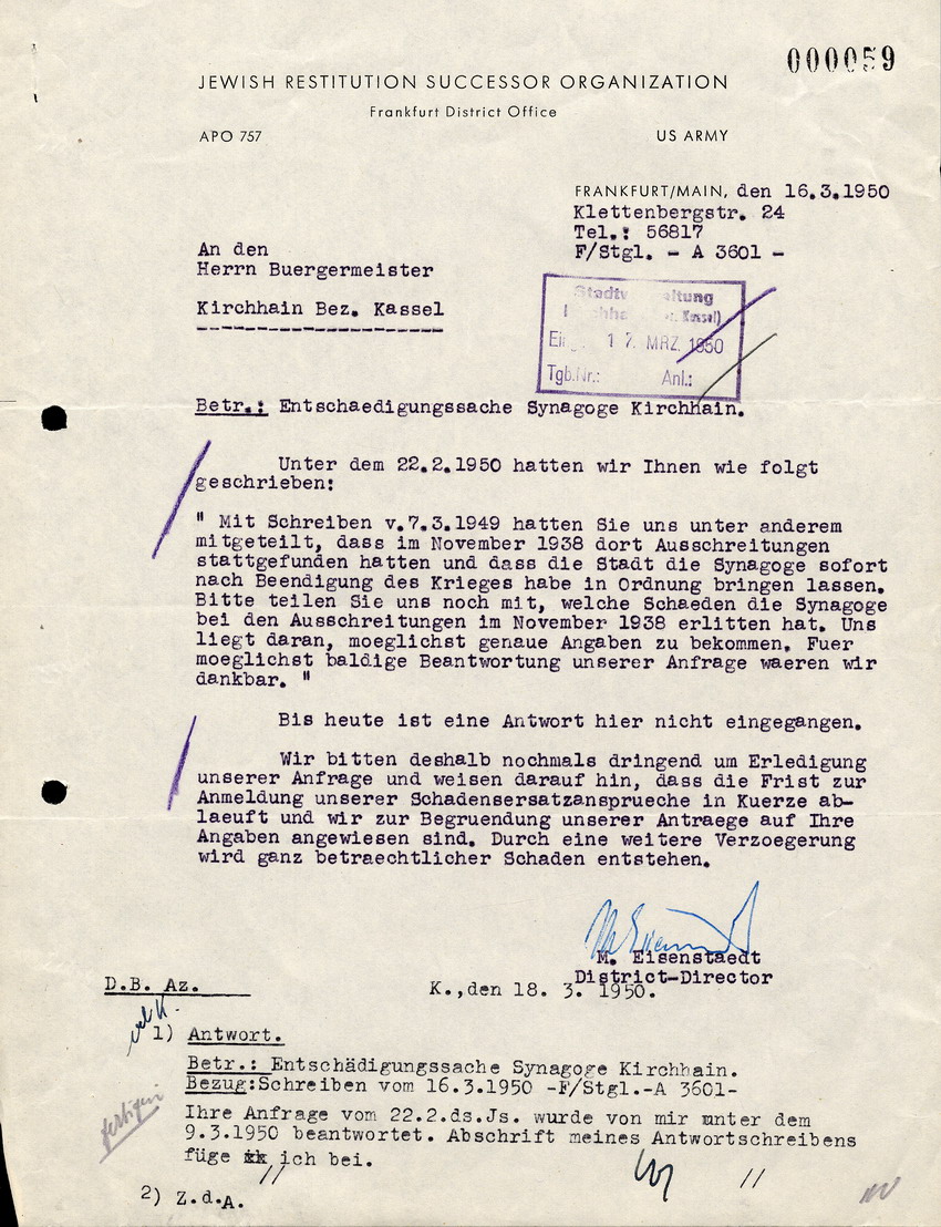 Brief des District Director M. Eisenstaedt von der Jewish Restitution Successor Organisation an den Bürgermeister in Kirchhain, betreffend der Entschädigungssache der Synagoge Kirchhain, 16. März 1950.