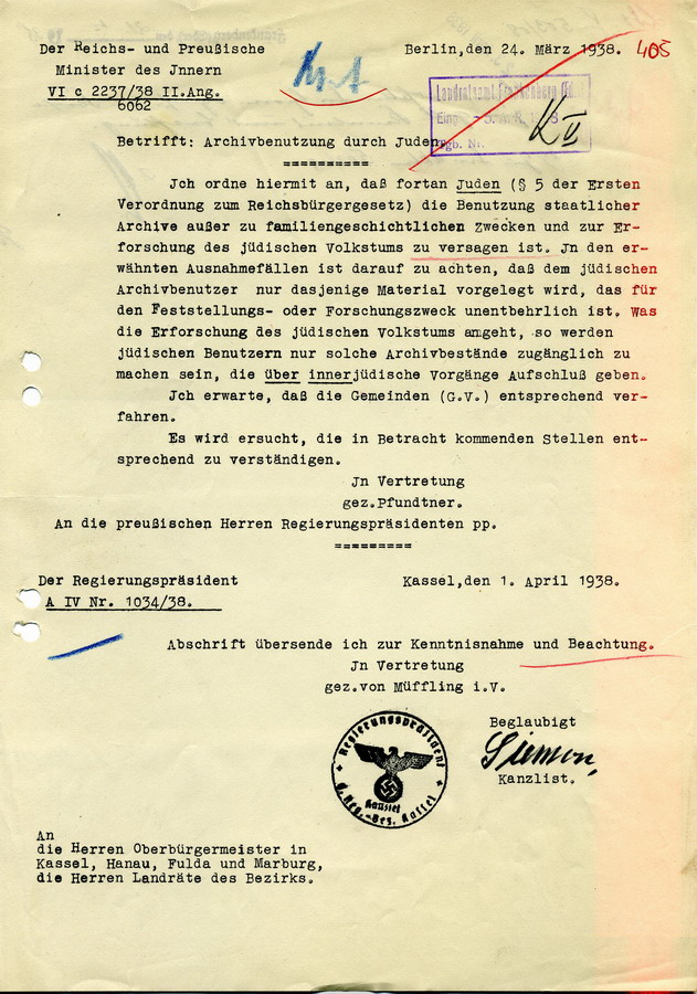 Schreiben des Reichs- und Preußische Minister des Innern an die Regierungspräsidenten. Archivbenutzung durch Juden wird verboten, 24. März 1938