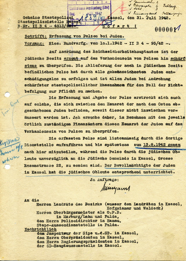 Schreiben der GeStaPo Kassel an den Landrat in Frankenberg. Pelze aus jüdischem Besitz sollen konfisziert und erfasst werden, 31. Juli 1942
