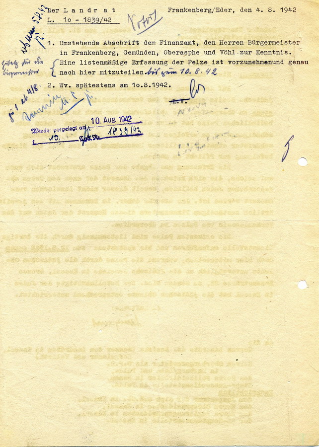 Schreiben der GeStaPo Kassel an den Landrat in Frankenberg. Pelze aus jüdischem Besitz sollen konfisziert und erfasst werden, 31. Juli 1942