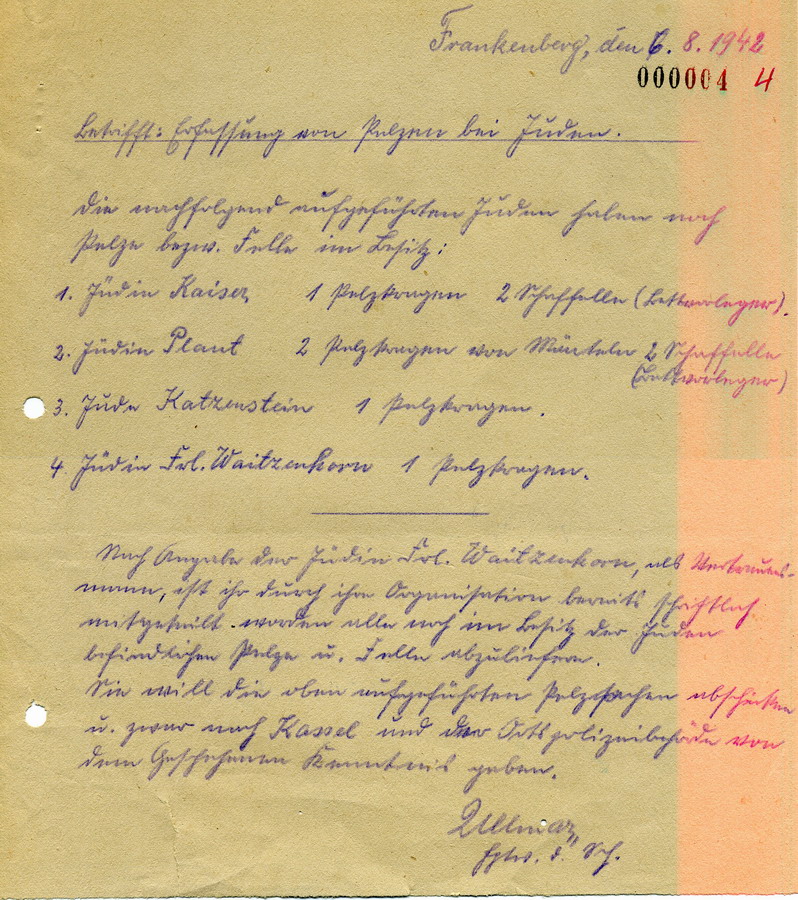 Schreiben der Gendarmerie in Frankenberg an den Landrat in Frankenberg. Erfassung von Pelzen, Auflistung, 6. August 1942