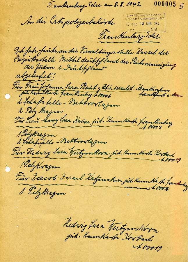 Schreiben von Frau Hedwig Waitzenkorn an den Bürgermeister von Frankenberg. Erfassung von Pelzen, Auflistung, 8. August 1942