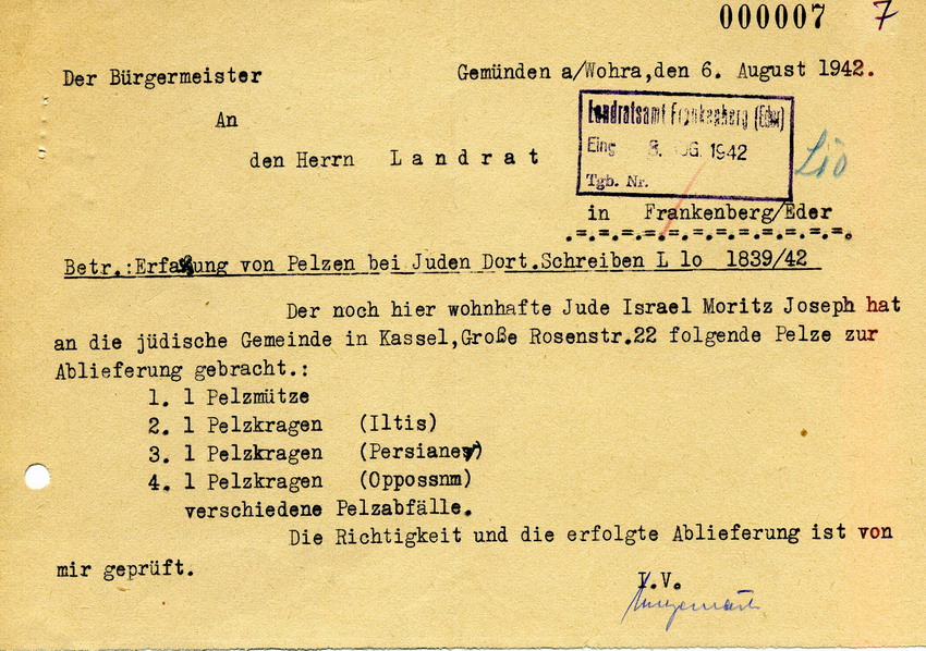 Schreiben des Bürgermeister in Gemünden an den Landrat in Frankenberg. Erfassung von Pelzen, welche sich in Besitz von Juden befinden und enteignet werden sollen, 6. August 1942