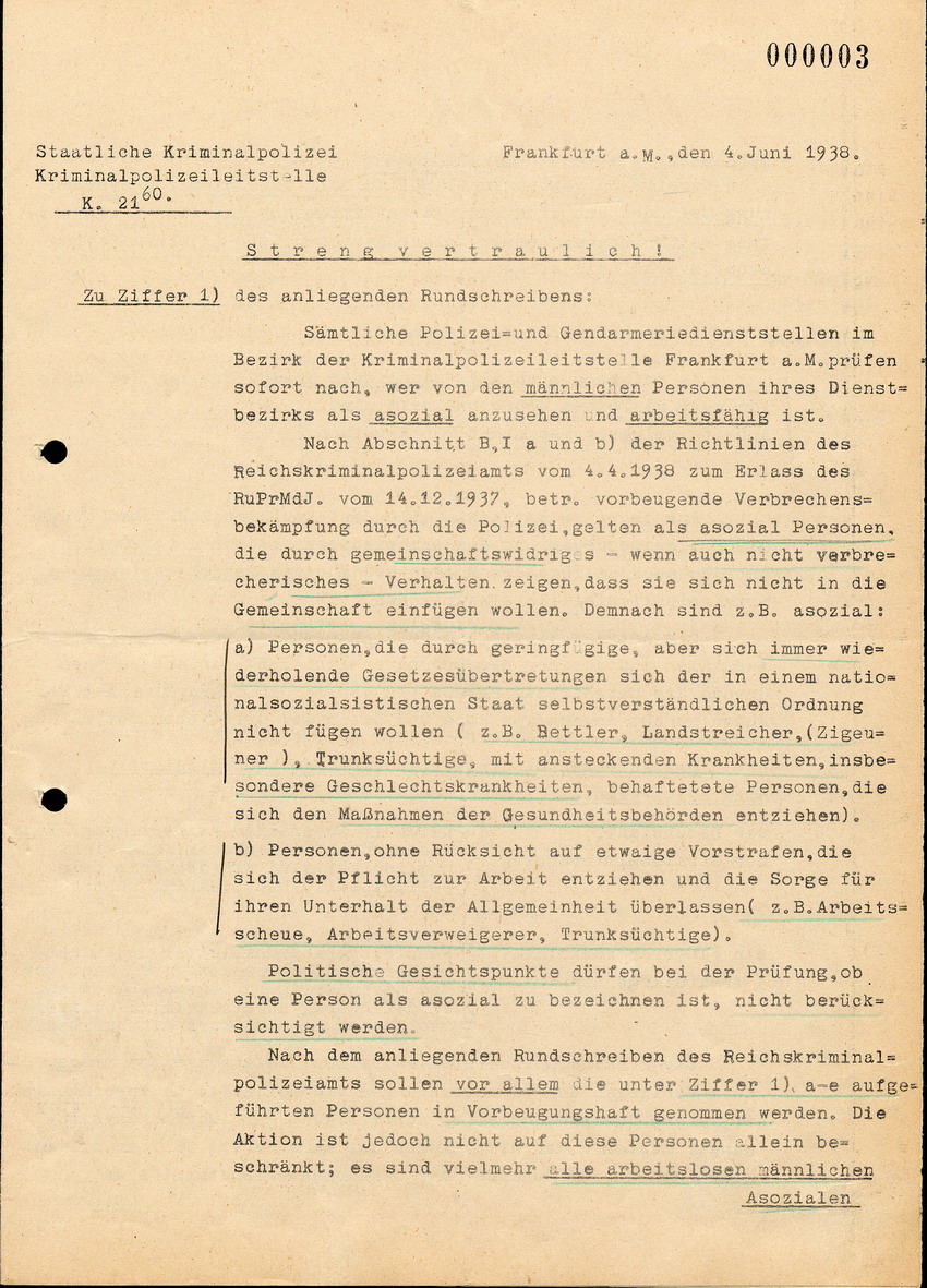 Anordnung der Staatlichen Kriminalpolizeistelle Frankfurt, zum Rundschreiben von Heydrich vom 1.Juni, 4 Juni 1938.