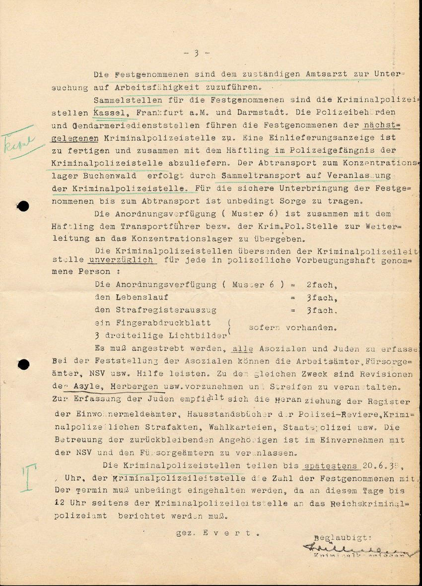 Anordnung der Staatlichen Kriminalpolizeistelle Frankfurt, zum Rundschreiben von Heydrich vom 1.Juni, 4 Juni 1938.