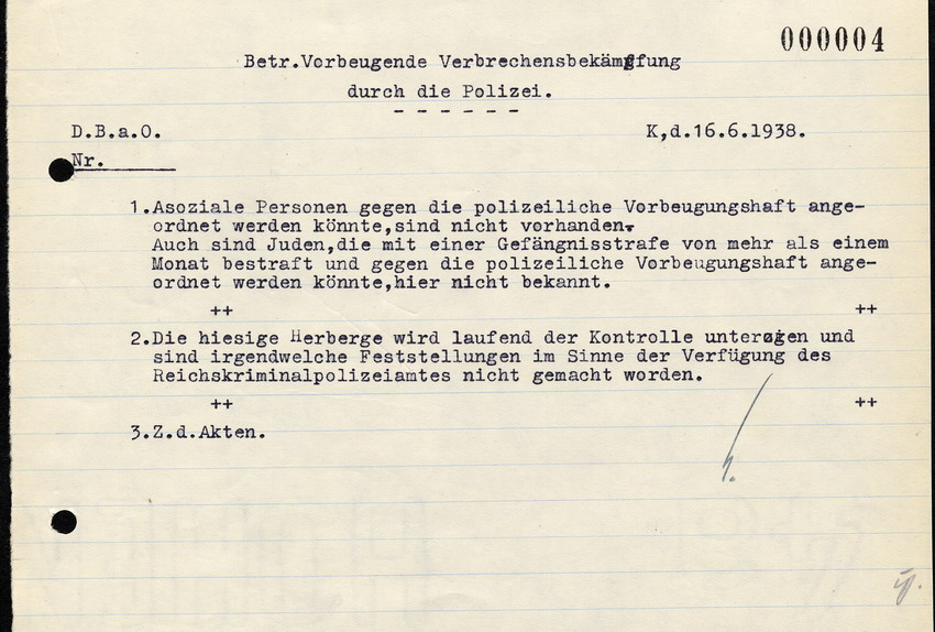 Antwortschreiben der Polizei Kirchhain betreffend die Vorbeugende Verbrechensbekämpfung durch die Polizei, 16. Juni 1938