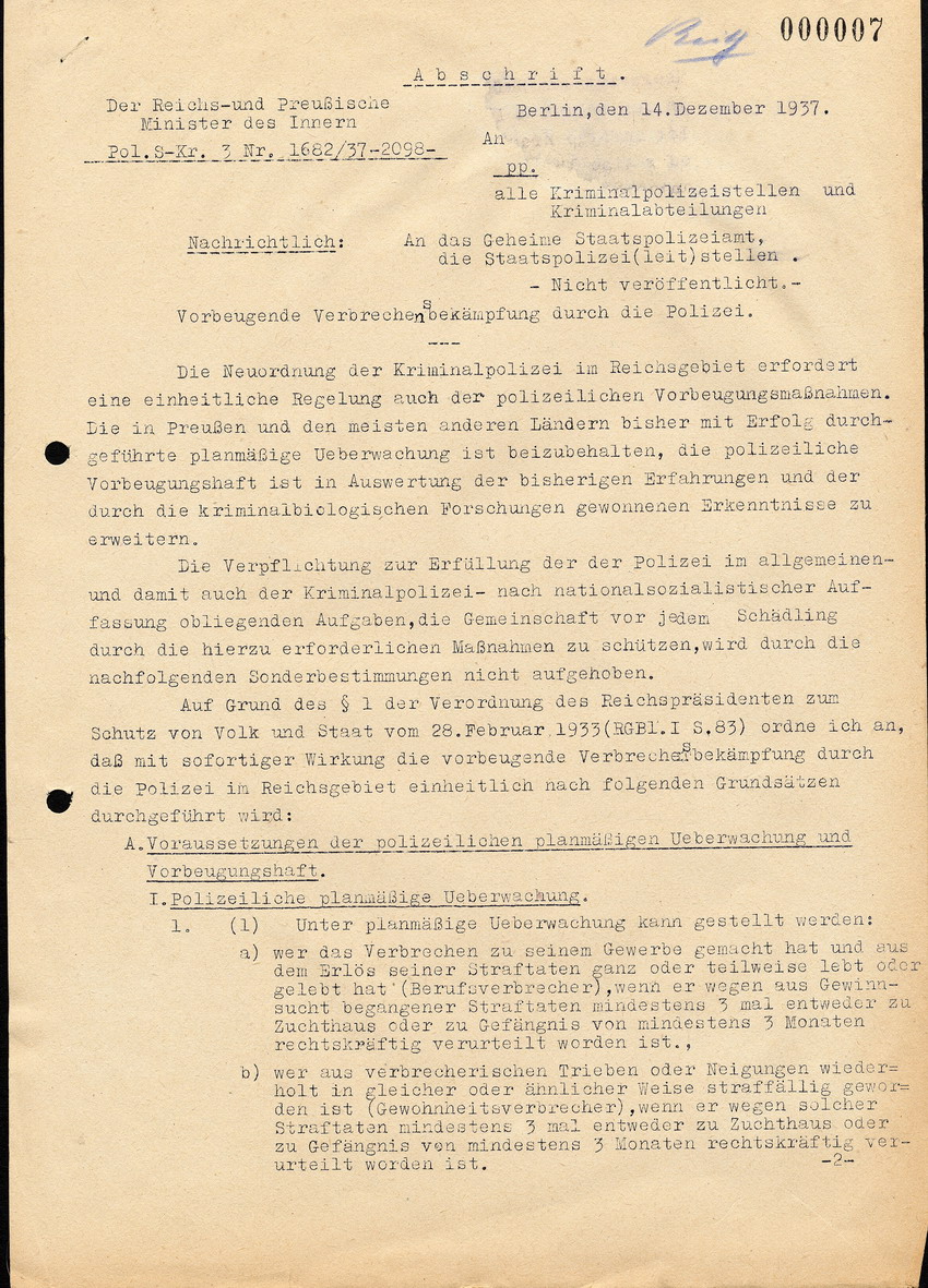 Abschrift einer Verfügung des Reichs und Preußischem Minister des Inneren, bezüglich der Vorbeugenden Verbrechensbekämpfung durch die Polizei, 14. Dezember 1937