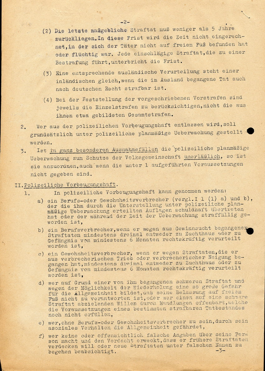 Abschrift einer Verfügung des Reichs und Preußischem Minister des Inneren, bezüglich der Vorbeugenden Verbrechensbekämpfung durch die Polizei, 14. Dezember 1937