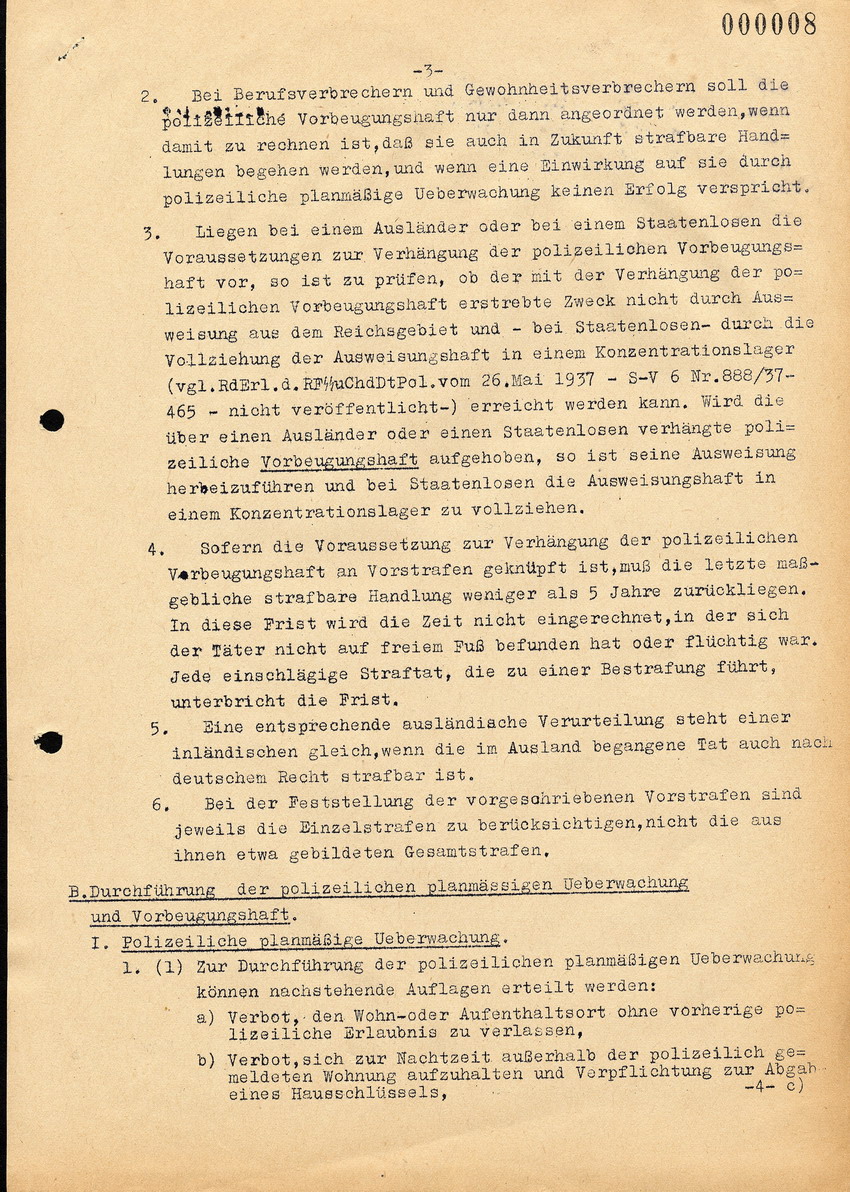 Abschrift einer Verfügung des Reichs und Preußischem Minister des Inneren, bezüglich der Vorbeugenden Verbrechensbekämpfung durch die Polizei, 14. Dezember 1937