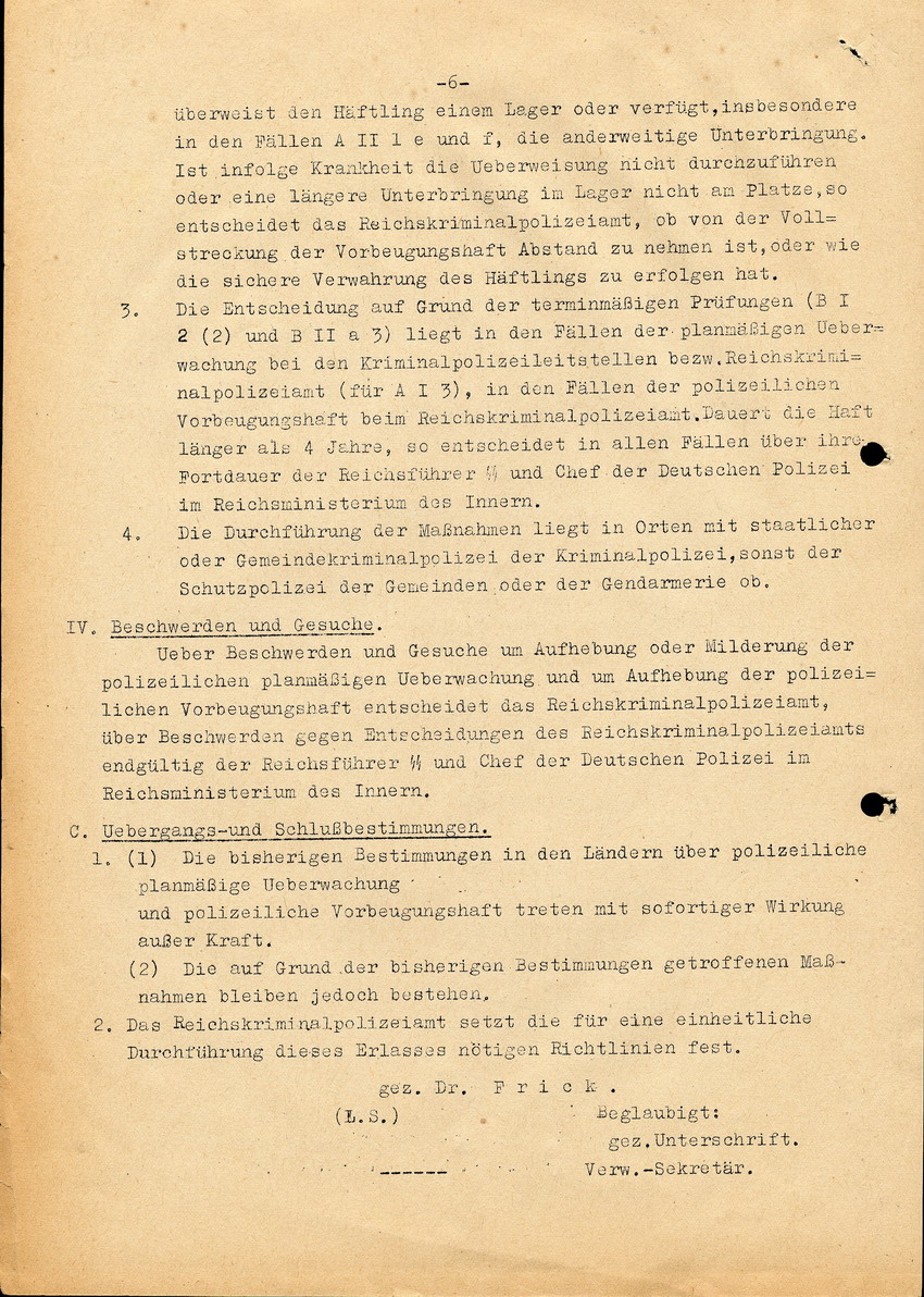 Abschrift einer Verfügung des Reichs und Preußischem Minister des Inneren, bezüglich der Vorbeugenden Verbrechensbekämpfung durch die Polizei, 14. Dezember 1937