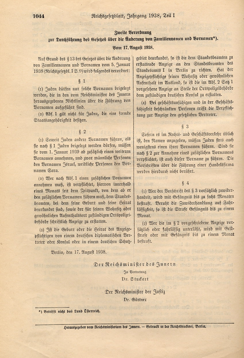 "Zweite Verordnung zur Durchführung des Gesetzes über die Änderung von Familiennamen und Vornamen" des Vertreters des Reichsministers des Innern Stuckart und des Reichsministers der Justiz Gürtner, 17. August 1938.