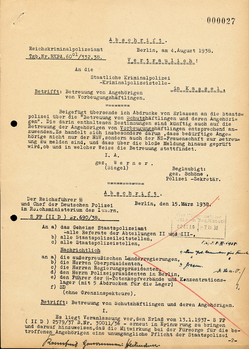 Abschrift eines Briefes an die Staatliche Kriminalpolizei Kassel, betreffend die "Betreuung von Angehörigen von Vorbeugungshäftlingen", 4. August 1938