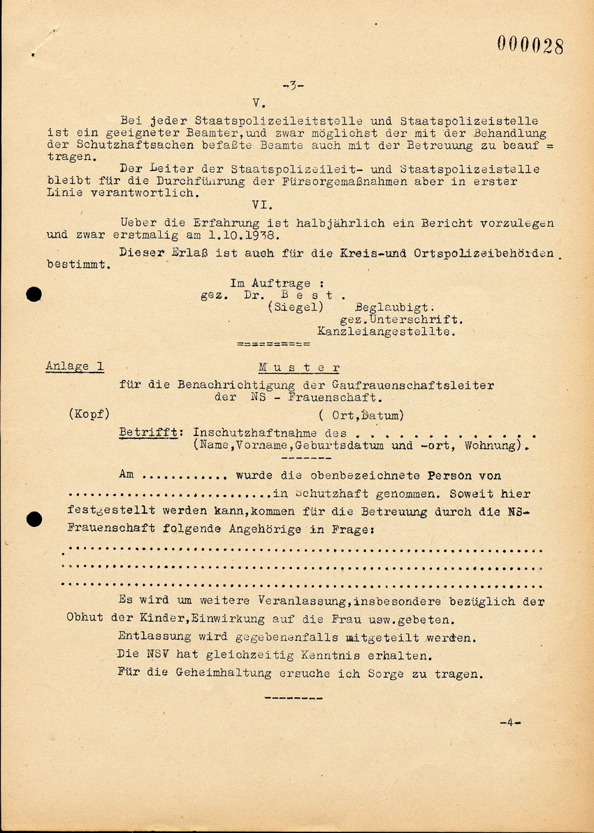 Abschrift eines Briefes an die Staatliche Kriminalpolizei Kassel, betreffend die "Betreuung von Angehörigen von Vorbeugungshäftlingen", 4. August 1938