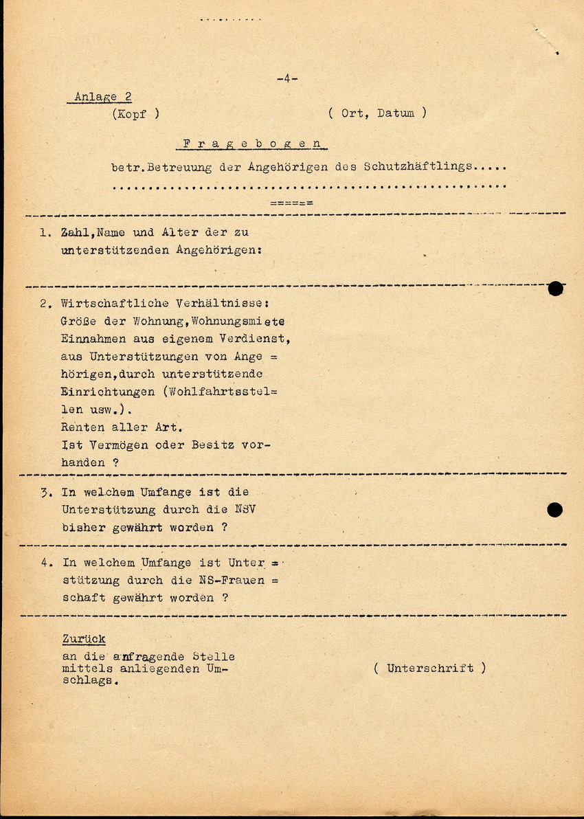 Abschrift eines Briefes an die Staatliche Kriminalpolizei Kassel, betreffend die "Betreuung von Angehörigen von Vorbeugungshäftlingen", 4. August 1938