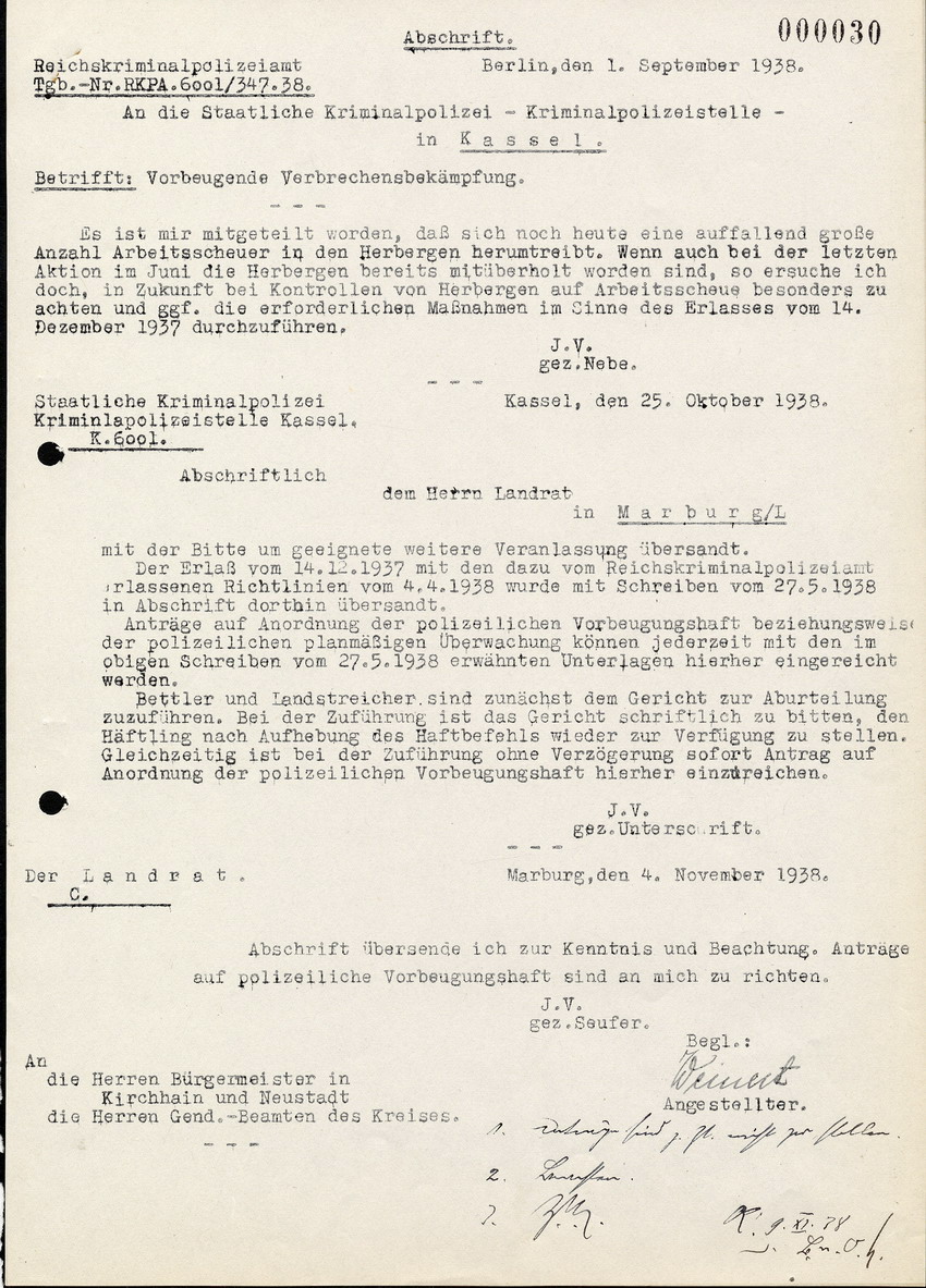 Abschrift eines Briefes an die Staatliche Kriminalpolizei Kassel, betreffend die "Vorbeugende Verbrechensbekämpfung", 1. September 1938