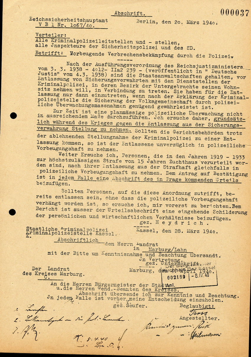 Meldeblatt der Kriminalpolizeistelle Kassel, betreffend Vorbeugende Verbrechensbekämpfung / Gepäck von Vorbeugungshäftligen, 7. Juni 1940.