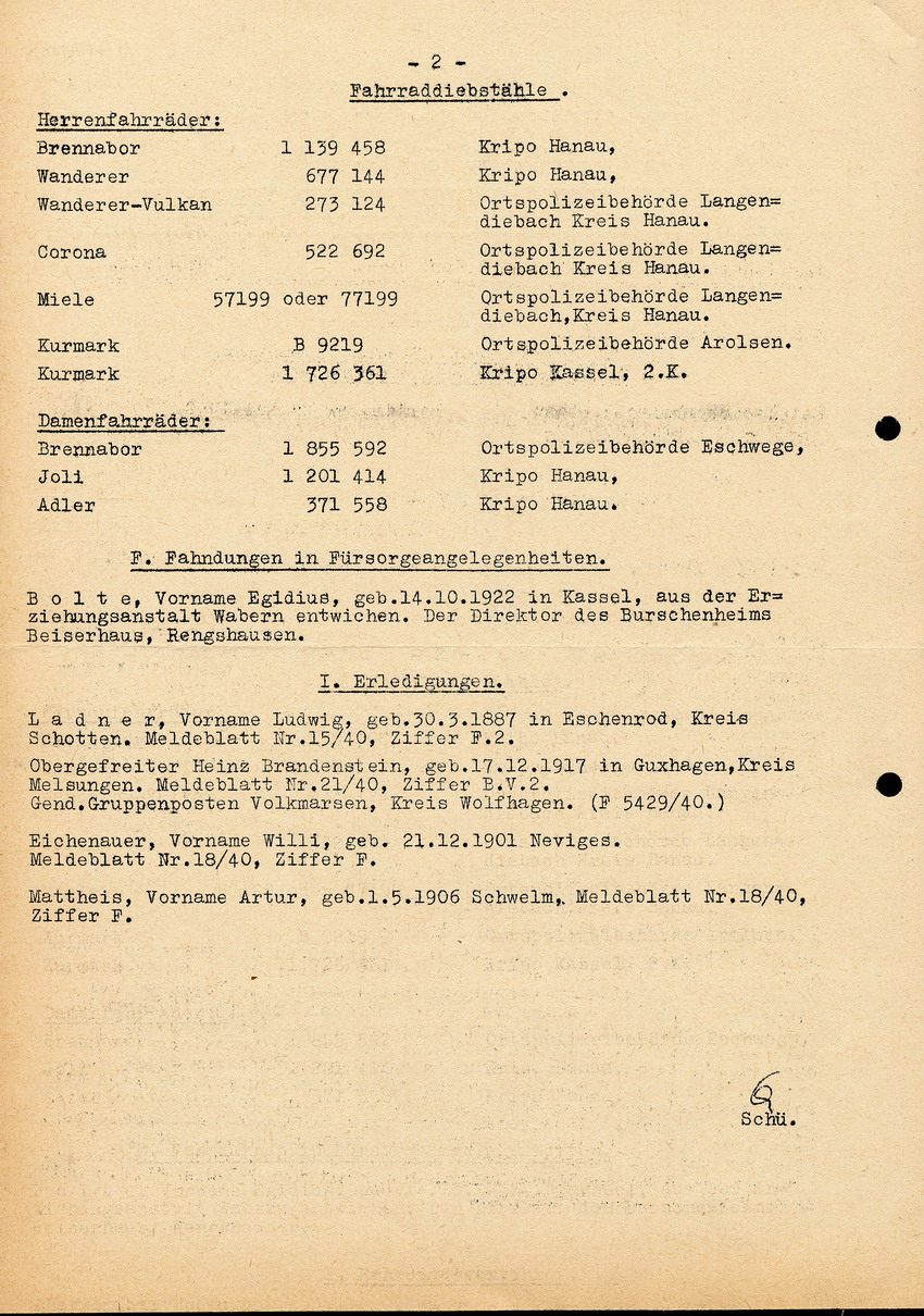 Meldeblatt der Kriminalpolizeistelle Kassel, betreffend Vorbeugende Verbrechensbekämpfung / Gepäck von Vorbeugungshäftligen, 7. Juni 1940.