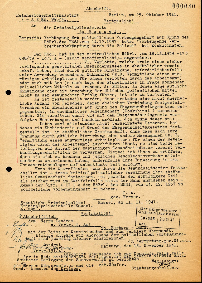 Abschrift der Anordnung des Reichssicherheitshauptamtes zur vorbeugenden Bekämpfung von "Kokubinaten", 25. Oktober 1941