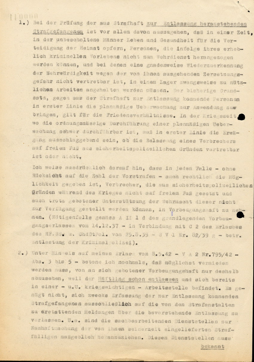 Abschrift eines Briefes des Chefs der Sicherheitspolizei an den Leiter der Kriminalpolizeistelle Kassel, betreffend der Berücksichtigung der Wehrunfähigkeit bei der Anordnung vorbeugender Massnahmen.