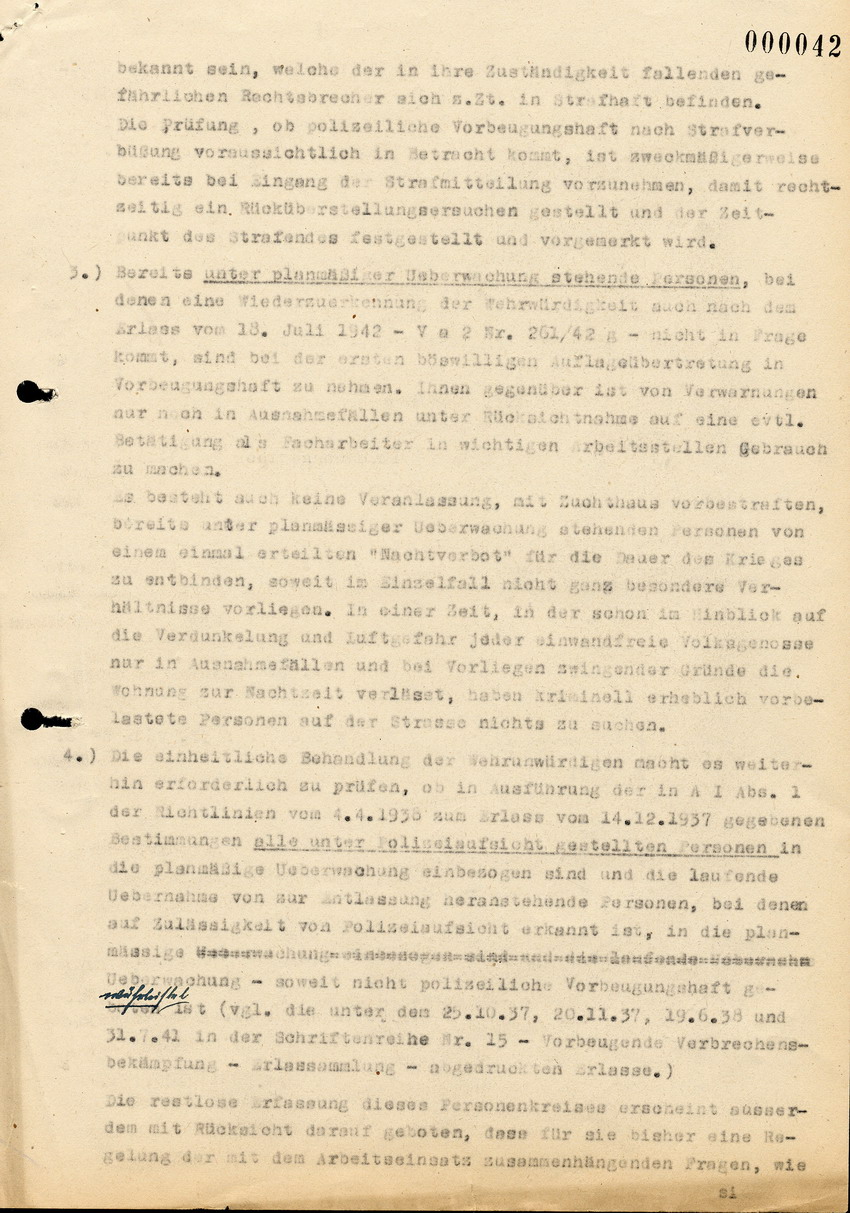 Abschrift eines Briefes des Chefs der Sicherheitspolizei an den Leiter der Kriminalpolizeistelle Kassel, betreffend der Berücksichtigung der Wehrunfähigkeit bei der Anordnung vorbeugender Massnahmen.