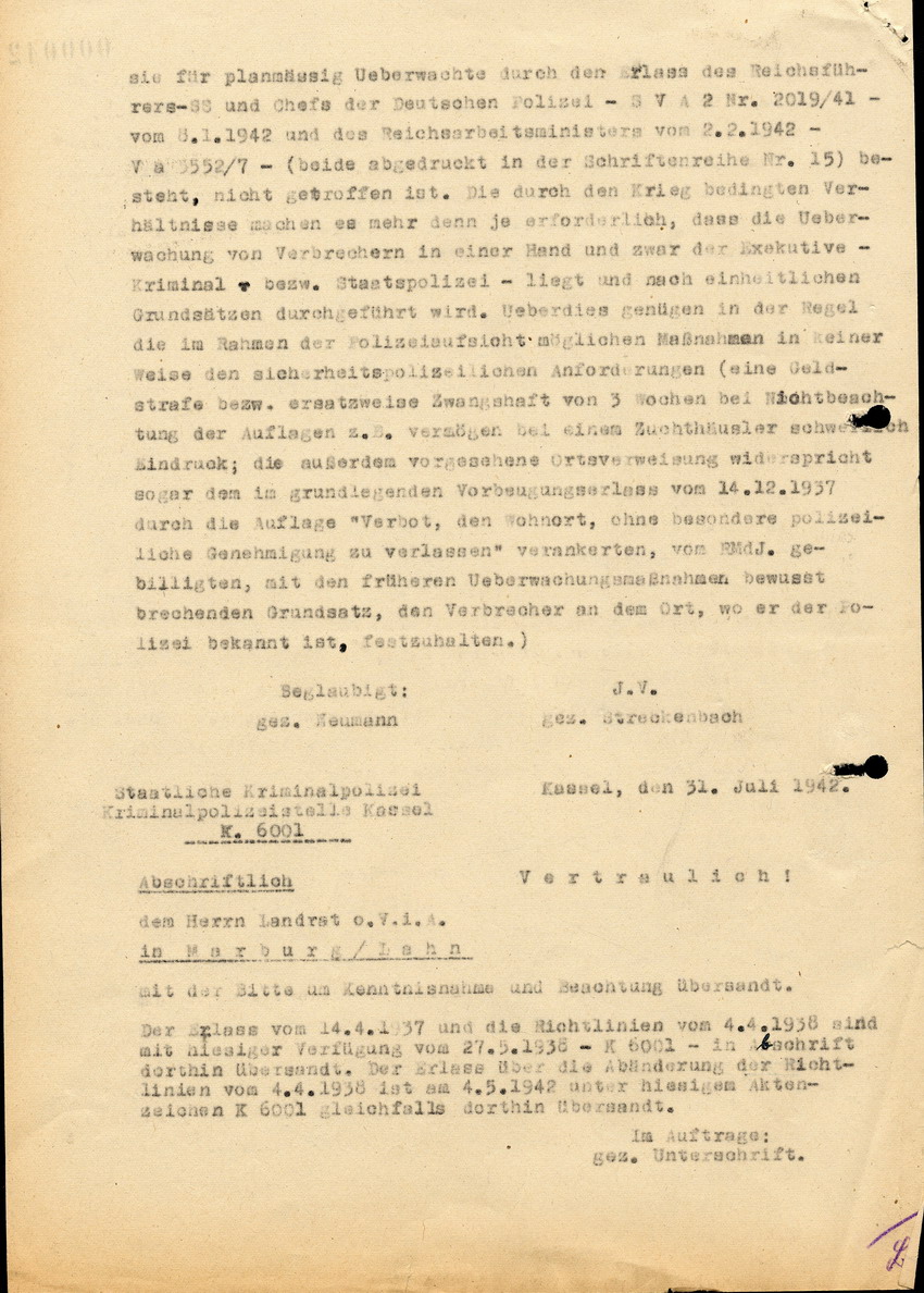 Abschrift eines Briefes des Chefs der Sicherheitspolizei an den Leiter der Kriminalpolizeistelle Kassel, betreffend der Berücksichtigung der Wehrunfähigkeit bei der Anordnung vorbeugender Massnahmen.