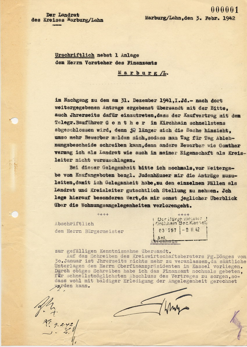 Der Landrat in Marburg schreibt an das Finanzamt Kirchhain, bezüglich des Verkaufs von Häusern von deportierten Juden, 3. Februar 1942