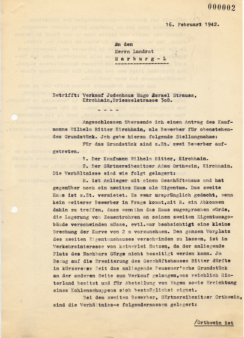 Das Finanzamt in Kirchhain schreibt an den Landrat in Marburg bezüglich Bewerbern für den Verkauf von jüdischen Häusern, deren Vorbesitzer ins Ausland geflohen waren oder deportiert wurden, 16 Februar 1942