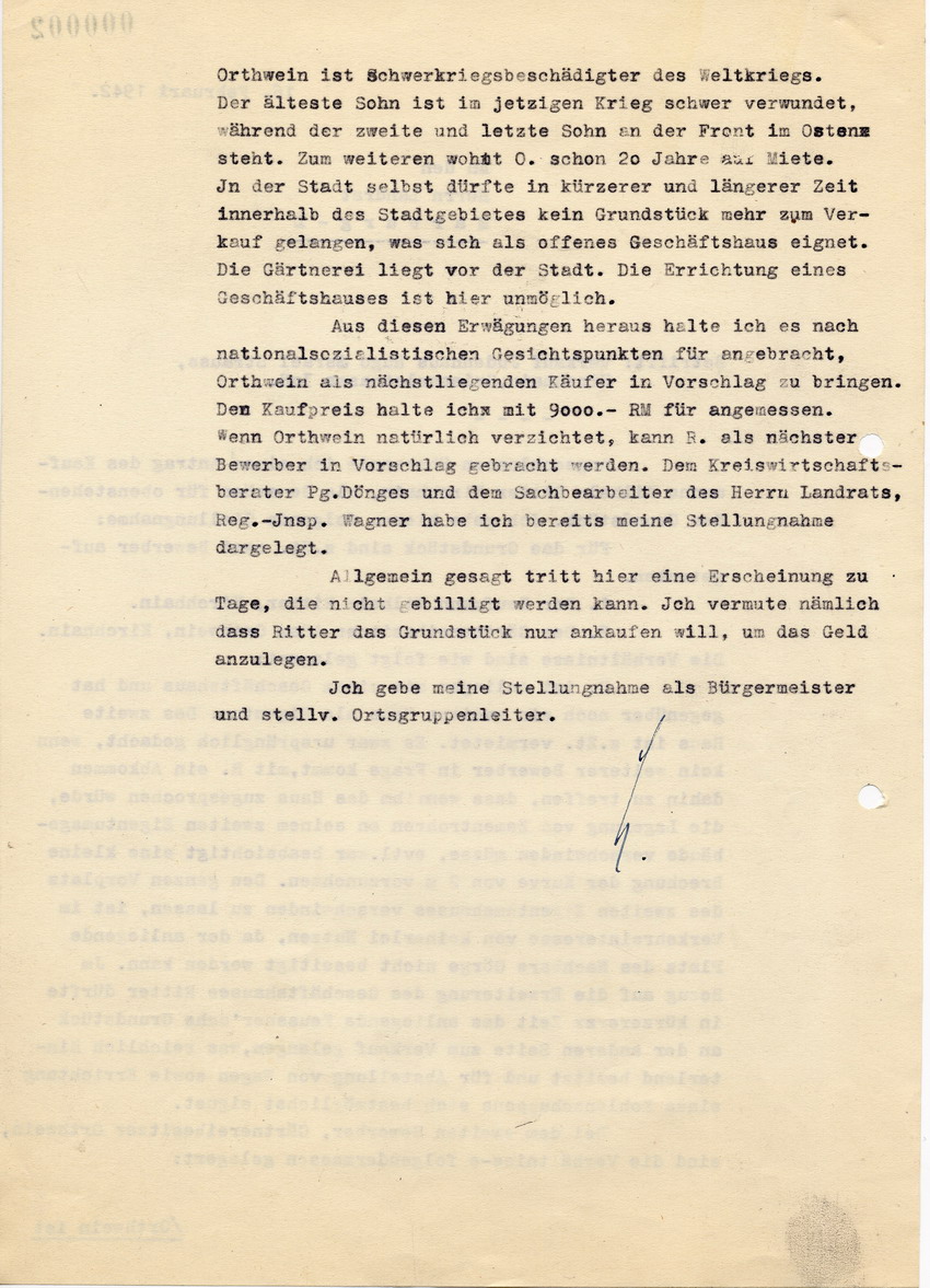 Das Finanzamt in Kirchhain schreibt an den Landrat in Marburg bezüglich Bewerbern für den Verkauf von jüdischen Häusern, deren Vorbesitzer ins Ausland geflohen waren oder deportiert wurden, 16 Februar 1942
