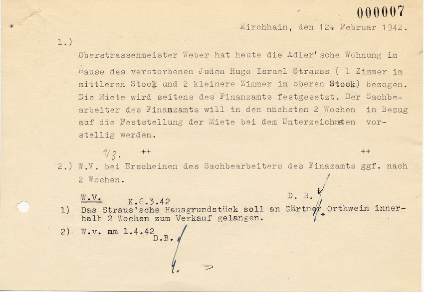 Das Finanzamt in Kirchhain schreibt an den Landrat in Marburg bezüglich des Hauses von Hugo Strauss, 12 Februar 1942.