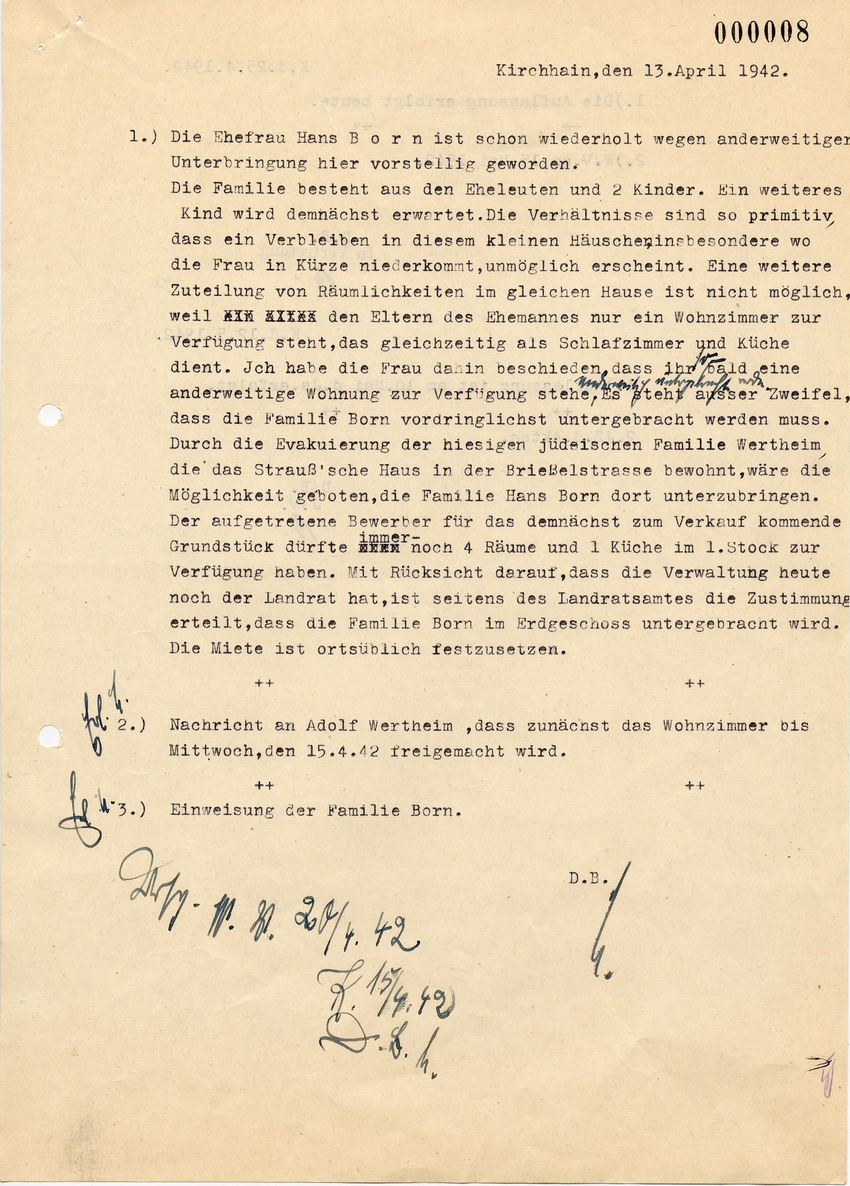 Bericht des Bürgermeisteramtes in Kirchhain zur Unterbringung der Familie Born in der Wohnung der deportierten Familie Wertheim, 13. April 1942
