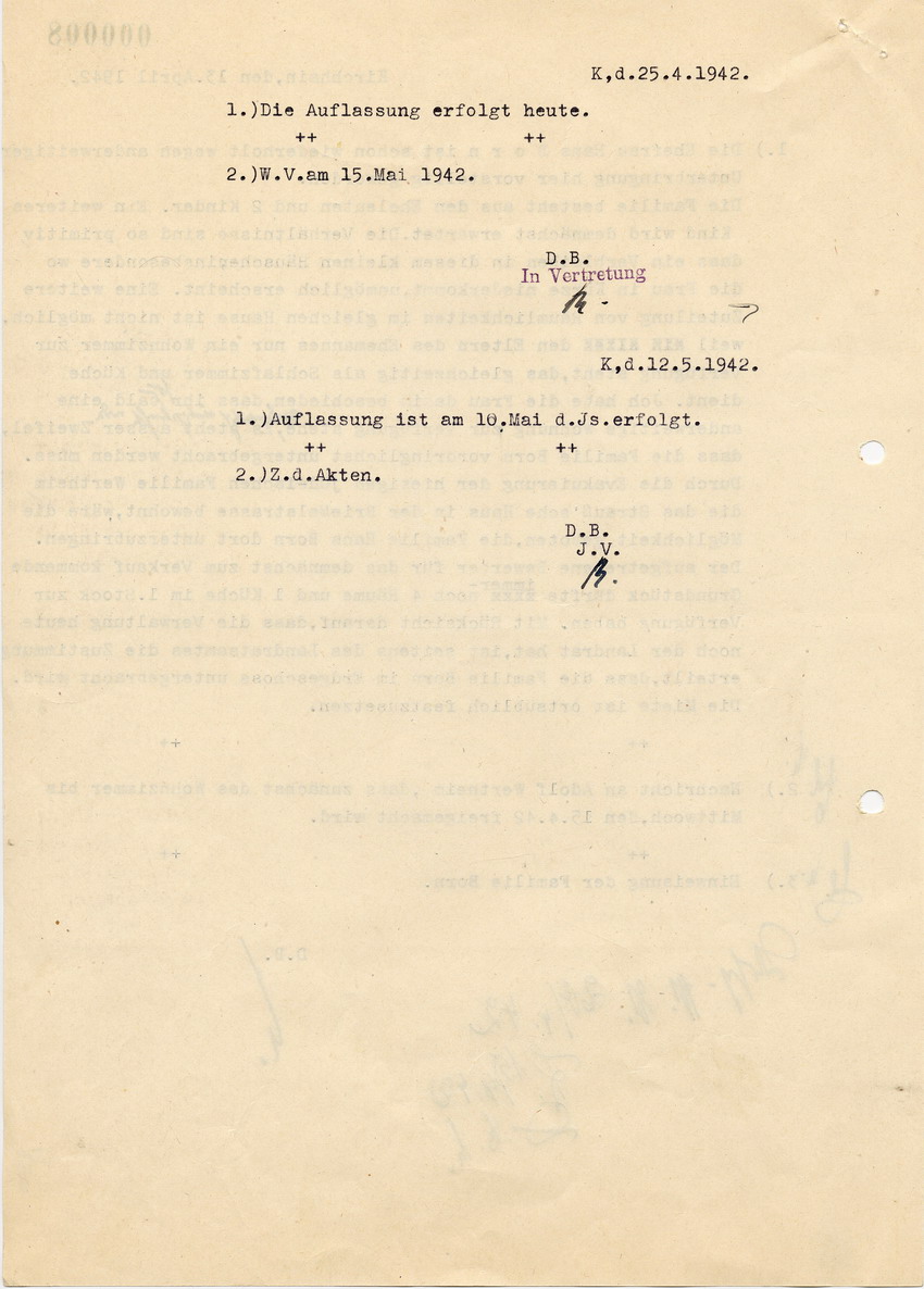 Bericht des Bürgermeisteramtes in Kirchhain zur Unterbringung der Familie Born in der Wohnung der deportierten Familie Wertheim, 13. April 1942