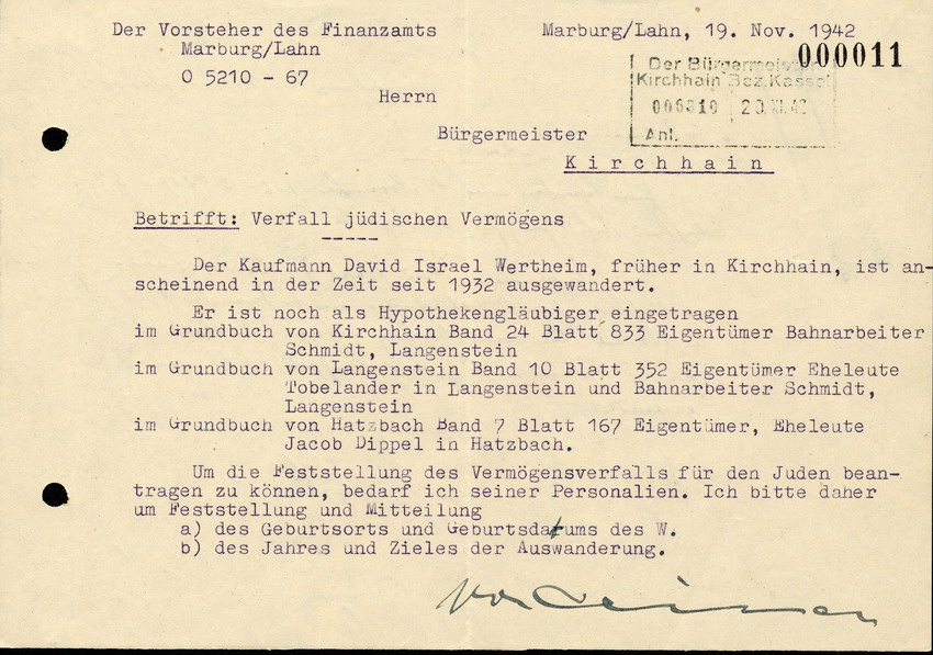 Das Finanzamt in Marburg an den Bürgermeister in Kirchain, bzgl. des Verfalls jüdischen Vermögens, 19. November 1942